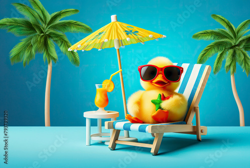 Summer concept with a lounge chair on the ocean, palm branches and a cocktail. A cheerful duck lies in a summer sun lounger