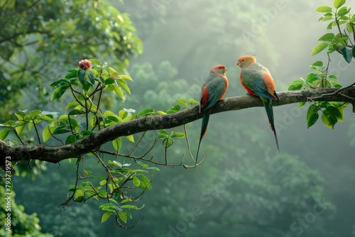 A pair of beautiful vibrant birds sat on a branch of an old tree and sunlight filtering through dense foliage in mountainous areas.