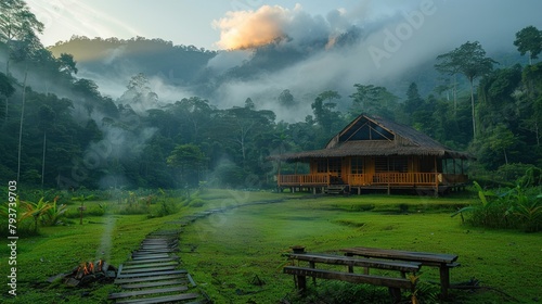 Sunrise in Base Camp in Indonesian Jungle - Gunung Leuser National Park photo