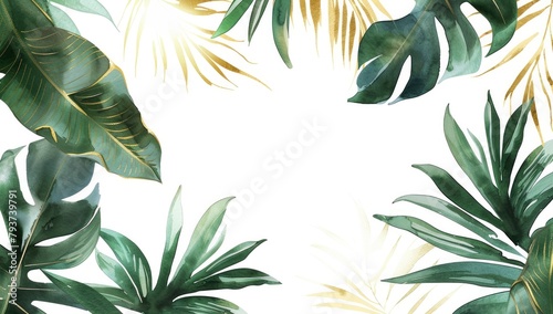watercolor green tropical leaves with golden palm