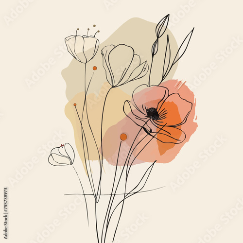minimal line flower and botanical graphic sketch drawing, trendy tiny tattoo design, floral elements vector illustration