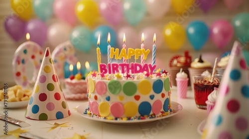 A cake surrounded by party hats and decorations  with candles and the words HAPPY BIRTHDAY written on it