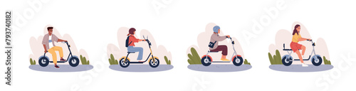 People ride on electric scooters set. Riders in helmet drive eco friendly urban transport. Drivers sit on seats of personal mobility vehicles. Flat isolated vector illustration on white background