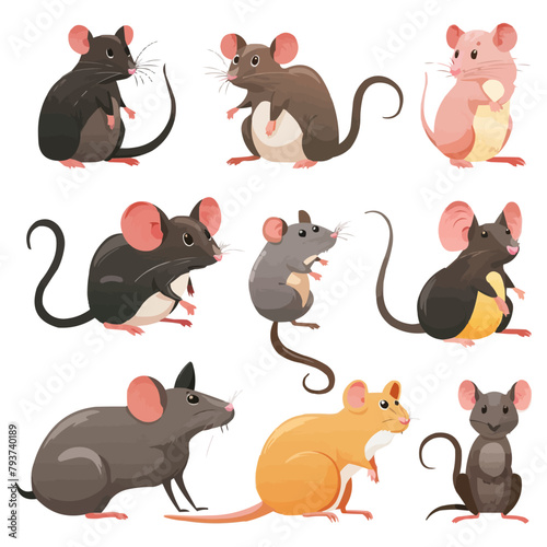 Mouse and rat, isolated mice animals set. Cute rodent characters in different poses on white background, little house pets, simple graphic. Zodiac creature vector cartoon flat illustration