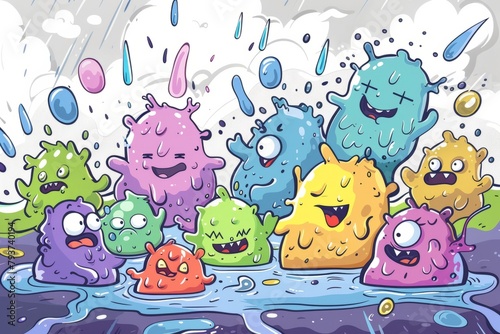 Cartoon cute doodles of baby monsters splashing in a puddle of monster slime on a rainy day, Generative AI photo