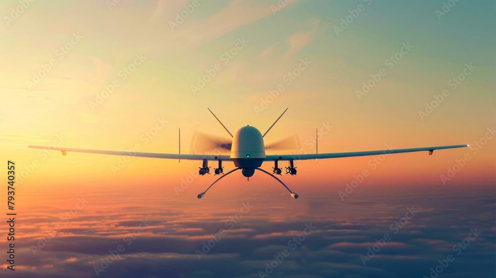 Unmanned Aerial Vehicle UAV Surveying at Sunset. Generative ai Unmanned Aerial Vehicle UAV Surveying at Sunset. Generative ai