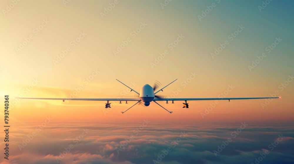 Unmanned Aerial Vehicle UAV Surveying at Sunset. Generative ai
