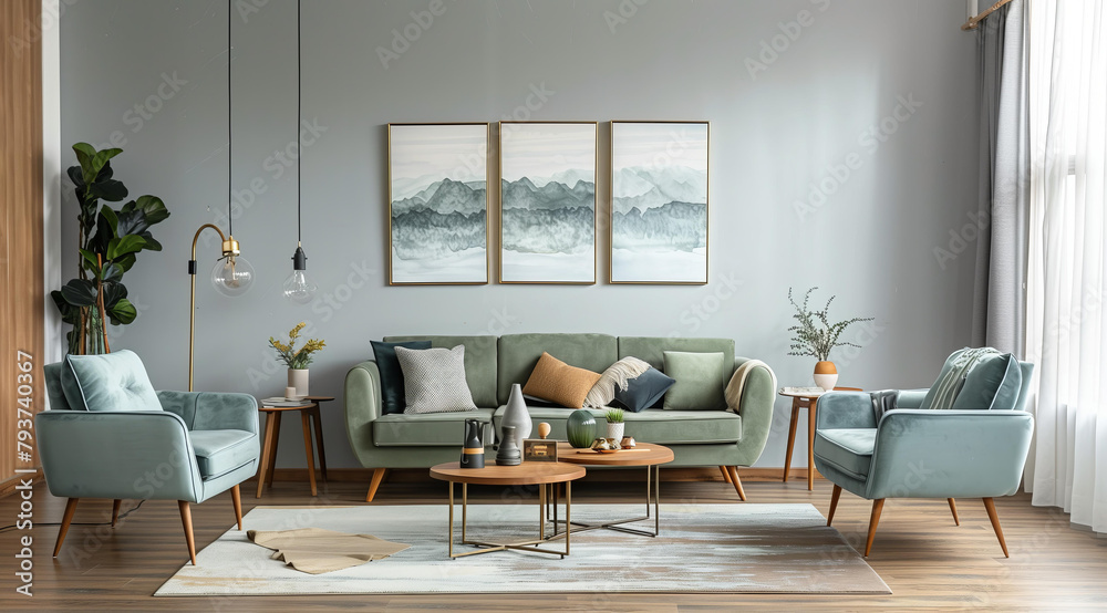A Scandinavian style living room with light green walls A Scandinavian style living room with light green walls