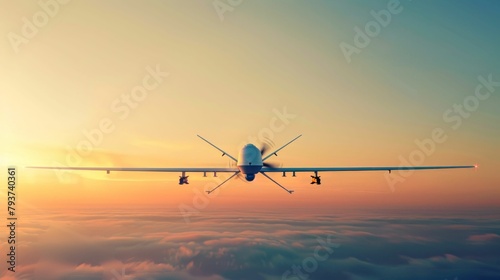 Unmanned Aerial Vehicle UAV Surveying at Sunset. Generative ai © Scrudje
