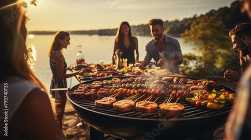 A diverse group of people socializing and cooking food on a BBQ grill in an outdoor setting