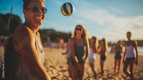 A vibrant group of people joyfully playing beach ball under the warm sun