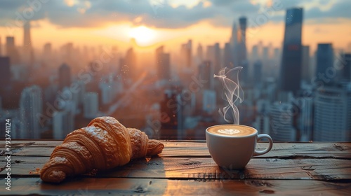 Sunrise cityscape with steaming coffee and fresh croissant on a wooden table