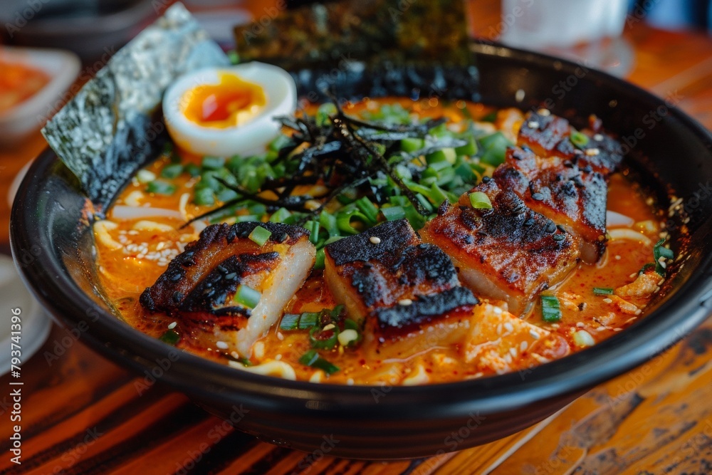 Spicy ramen with tender pork belly Soft Boiled Eggs and Nori Spicy ramen with tender pork belly Soft Boiled Eggs and Nori