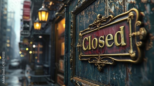 Elegant closed sign hanging on a vintage door with ornate metal fixtures in a tranquil bookstore entrance