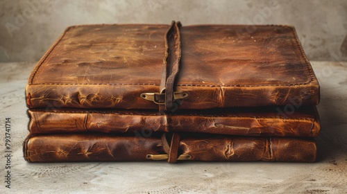 Vintage leather-bound journal resting on a textured surface © Yusif