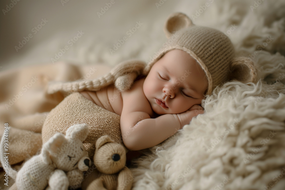 A newborn baby in beige sleeping on its side, holding an animal toy with its hands and wearing a cute hat. The background is a light beige fabric A newborn baby in beige sleeping on its side, holding an animal toy with its hands and wearing a cute hat. The background is a light beige fabric