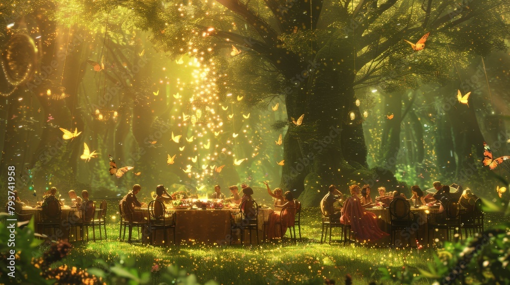 Enchanted forest banquet under twinkling lights and ancient trees