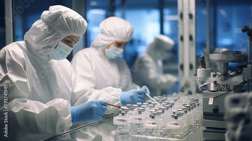 A team of professionals in white lab coats busy working on a complicated machine in a high-tech laboratory