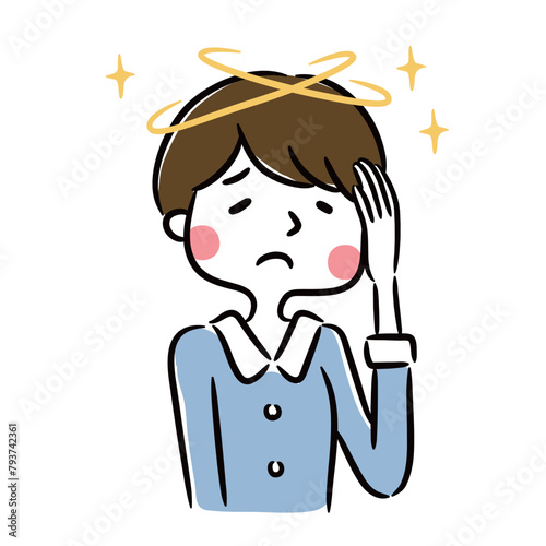 A woman feeling dizzy. Japanese-style illustration.