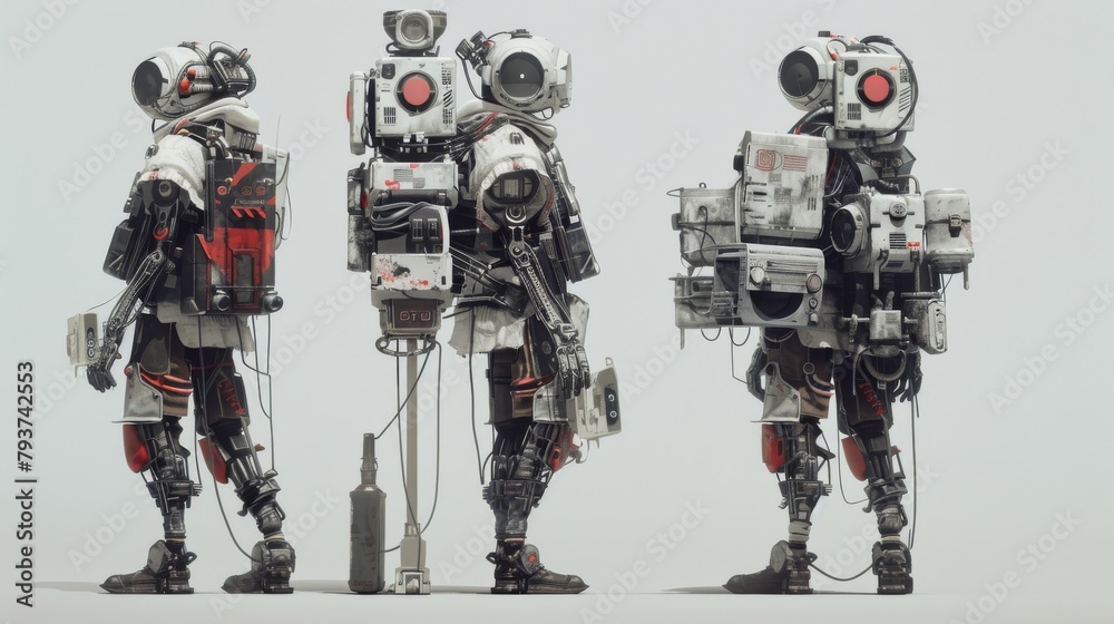 Futuristic Cyberpunk Scavengers: Three Robots with High-Tech Gear in a Neutral Setting