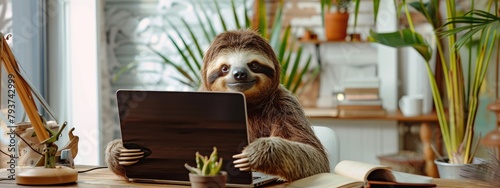 a sloth behind a laptop