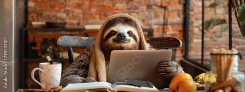 a sloth behind a laptop