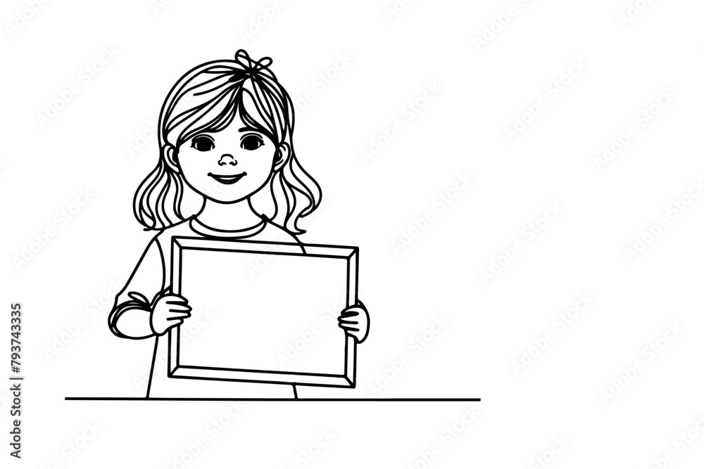 One continuous black line drawing of clipart smiling kid holding empty blank board isolated on white with copy space for text in frame linear sketch doodle vector One continuous black line drawing of clipart smiling kid holding empty blank board isolated on white with copy space for text in frame linear sketch doodle vector