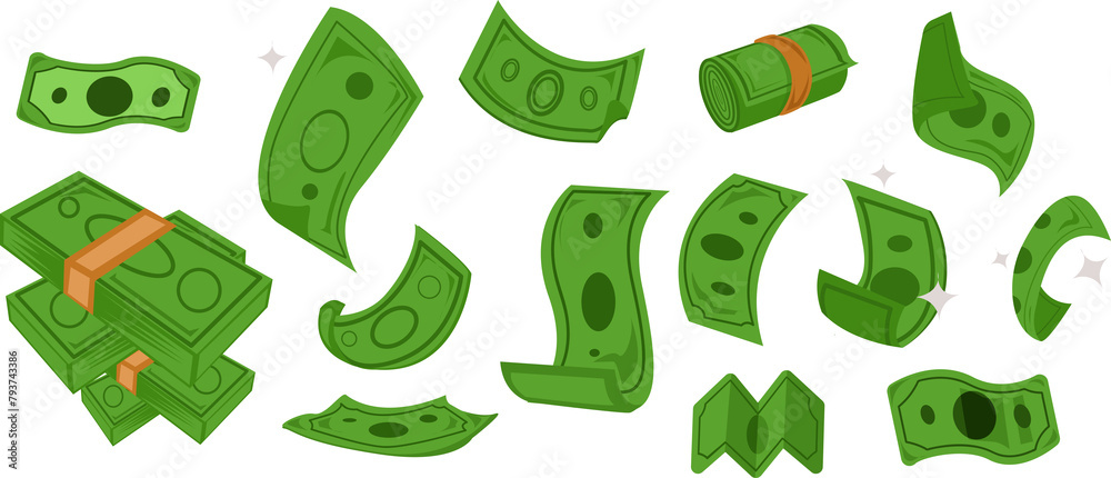 green banknotes money in various shapes illustration set green banknotes money in various shapes illustration set