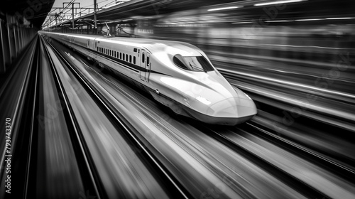 A high-speed bullet train speeding along railway tracks.