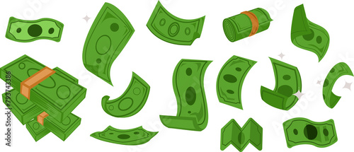 green banknotes money in various shapes illustration set