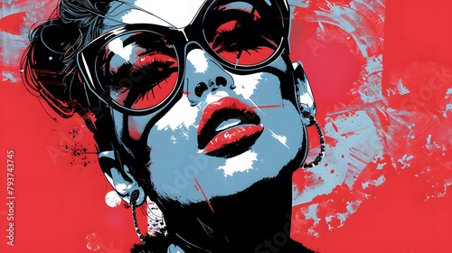 woman with sunglasses on red background