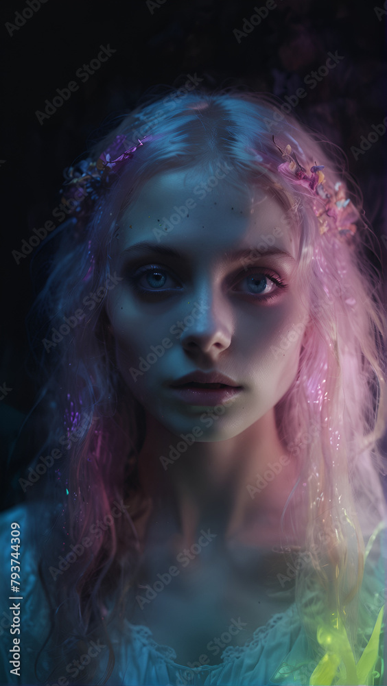A haunting banshee with hair flowing like mist and eyes glowing with otherworldly light. AI Generative A haunting banshee with hair flowing like mist and eyes glowing with otherworldly light. AI Generative