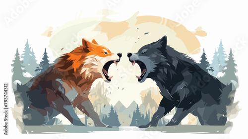 Wolves Fight Clipart 2d flat cartoon vactor illustr