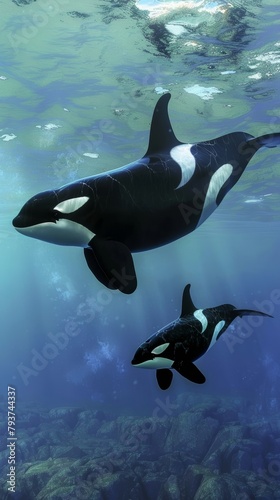 A small pod of orca whales, including two adults and a calf, swimming together in the serene, turquoise waters, showcasing the familys natural bond.