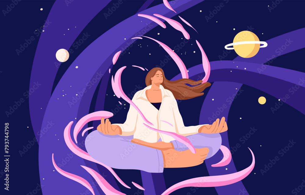 Young woman sits in yoga asana. Girl soaring in lotus pose in space. Person practices spiritual exercises, enlightenment in galaxy. Nirvana, solitude, harmony, zen concept. Flat vector illustration Young woman sits in yoga asana. Girl soaring in lotus pose in space. Person practices spiritual exercises, enlightenment in galaxy. Nirvana, solitude, harmony, zen concept. Flat vector illustration