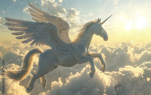 In a breathtaking sunrise scene, a winged unicorn is caught mid-gallop above the clouds, with sun rays adding a radiant glow to its figure. © Artsaba Family