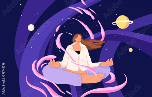 Young woman sits in yoga asana. Girl soaring in lotus pose in space. Person practices spiritual exercises, enlightenment in galaxy. Nirvana, solitude, harmony, zen concept. Flat vector illustration