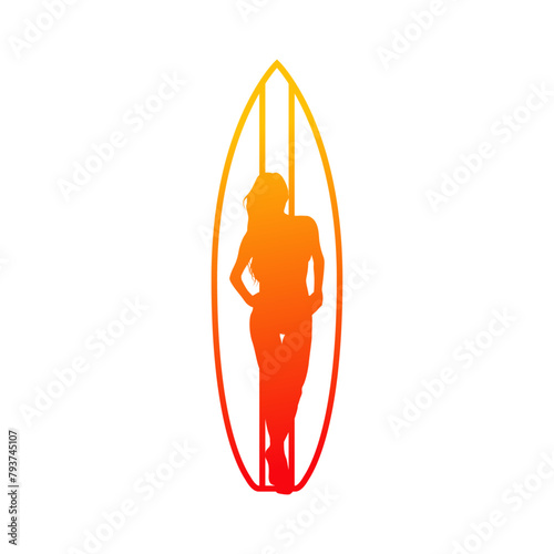 Logo club de surf. Silueta de mujer de pie frente a tabla de surf lineal