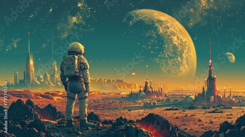 Astronaut overlooking futuristic cityscape on alien planet with giant moons in the sky photo