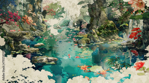A painting featuring a river winding through a lush forest filled with trees and colorful flowers, creating a vibrant and dynamic natural scene