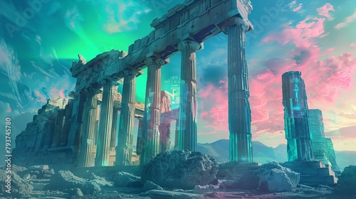 Futuristic merge of ancient Acropolis and sci-fi technology under a vivid sunset sky