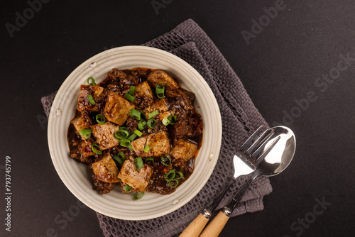 Mapo Tofu is Traditional Sichuan Dish of Silken Tofu and Ground Beef with Mala Flavor From Chili Oil and Sichuan Peppercorns.