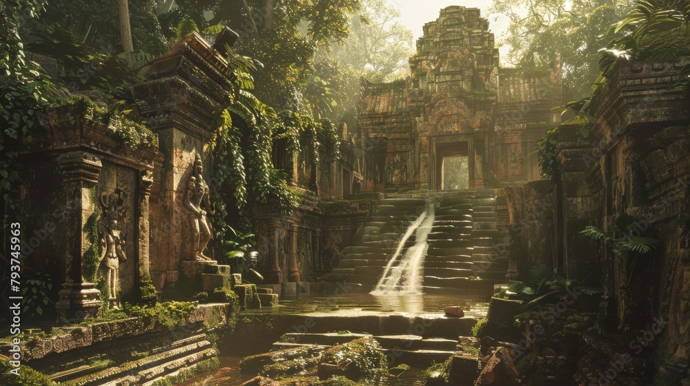 Mysterious ancient temple enveloped in lush forest with sun rays penetrating the canopy