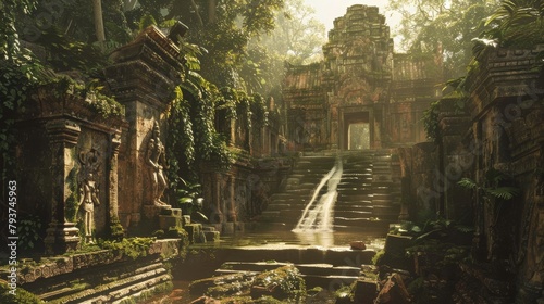 Mysterious ancient temple enveloped in lush forest with sun rays penetrating the canopy