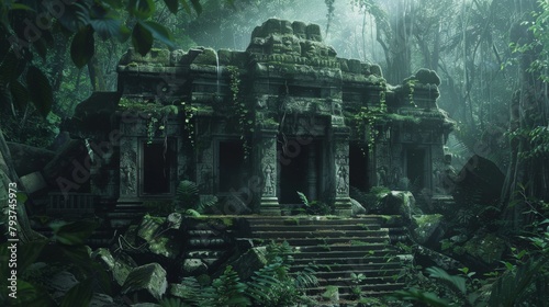 Mysterious ancient temple enveloped in lush forest with sun rays penetrating the canopy