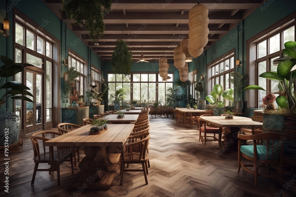 Realistic Tropical Dining Room with Wooden Tables and Chairs and Vue Render