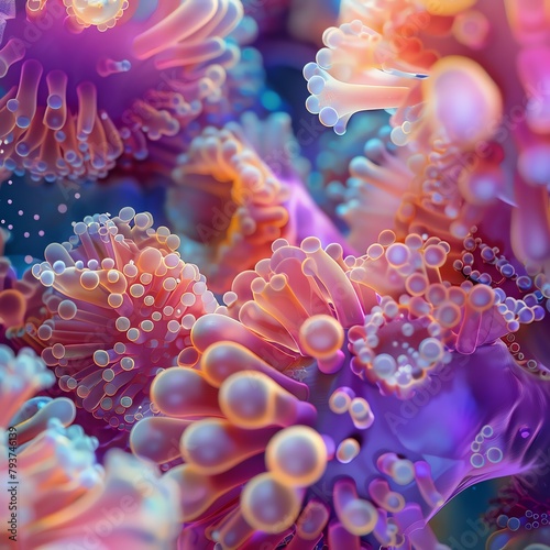 Capture Marine Magic with a photorealistic digital rendering of close-up shot  showcasing intricate details of underwater flora and fauna Vibrant colors and textures should evoke the symphony of marin