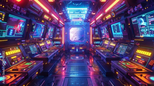 Futuristic spaceship command center with crew navigating through space