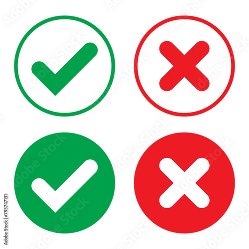 Right or wrong icons. Green tick and red cross checkmarks in circle flat icons. Yes or no symbol, approved or rejected icon for user interface.
