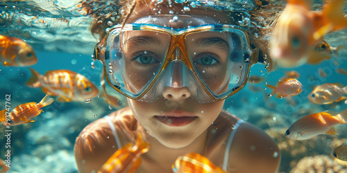 girl in a diving mask with a snorkel swims underwater, ocean, sea, marine, fish, water, woman, portrait, face, scuba, summer, sport, dive, vacation, blue water, world, head, coral reef, travel © Julia Zarubina